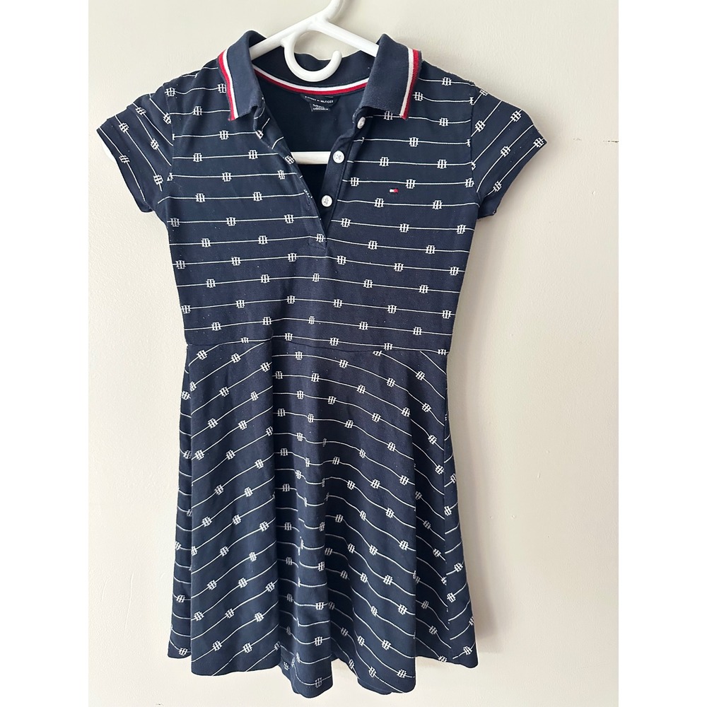 Tommy Hilfiger Girls Navy Blue Monogram Pique Polo Dress Size 7 S/P/CH